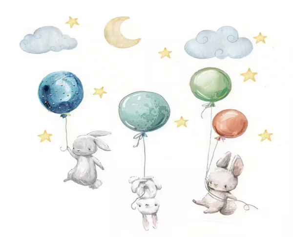 Wandtattoo Ballons mit hängenden Hasen, Mond, Sterne und Wolken – Zauberhafte Kinderzimmer Deko - Image 5