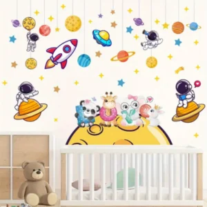 Wandaufkleber Rakete & Astronaut Tier – Wasserfarben Panda, Hase, Planet, Sterne für Kinderzimmer Dekoration