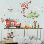 Wandaufkleber Cartoon Feuerwehrmann, Hubschrauber Feuerwehr, Affen löschen Feuer – Dekoration mit Wolken und Bäumen für Kinderzimmer