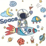 Space Wandaufkleber mit Cartoon Astronauten, Raumschiffen, Raketen, Planeten, Wolken und Sternen für Kinderzimmer