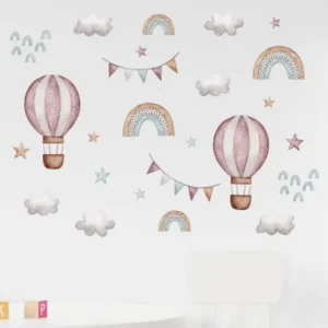 Wandaufkleber Wasserfarben Pink Ballon, Regenbogenstern, Wolke und Box mit Name 'Love Life' für Kinderzimmer