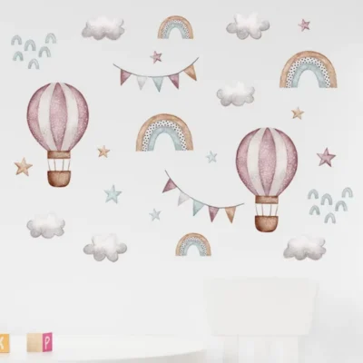 Wandaufkleber Wasserfarben Pink Ballon, Regenbogenstern, Wolke und Box mit Name 'Love Life' für Kinderzimmer