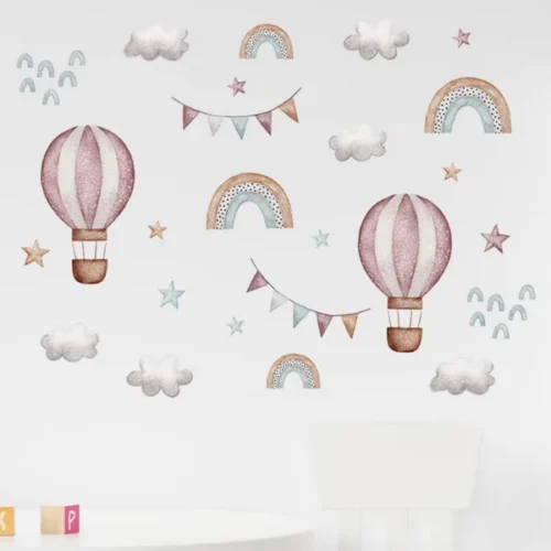 Wandaufkleber Wasserfarben Pink Ballon, Regenbogenstern, Wolke und Box mit Name ‘Love Life’ für Kinderzimmer