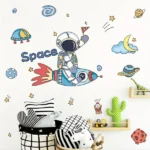 Space Wandaufkleber mit Cartoon Astronauten, Raumschiffen, Raketen, Planeten, Wolken und Sternen für Kinderzimmer