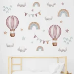 Wandaufkleber Wasserfarben Pink Ballon, Regenbogenstern, Wolke und Box mit Name 'Love Life' für Kinderzimmer