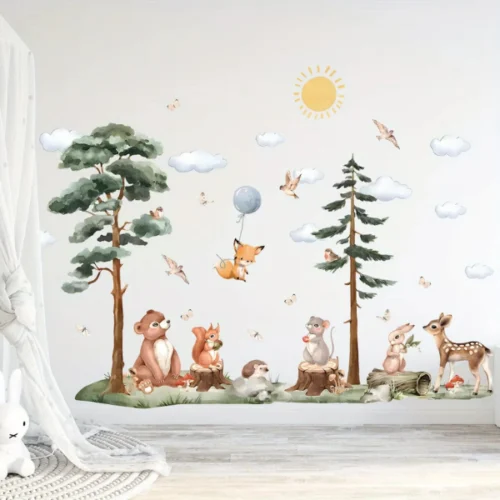Wandtattoo Süße Tiere – Bär, Reh, Hase, Wolken, Sonne, Vögel und Bäume für Kinderzimmer & Babyzimmer Deko