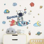 Space Wandaufkleber mit Cartoon Astronauten, Raumschiffen, Raketen, Planeten, Wolken und Sternen für Kinderzimmer