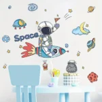 Space Wandaufkleber mit Cartoon Astronauten, Raumschiffen, Raketen, Planeten, Wolken und Sternen für Kinderzimmer