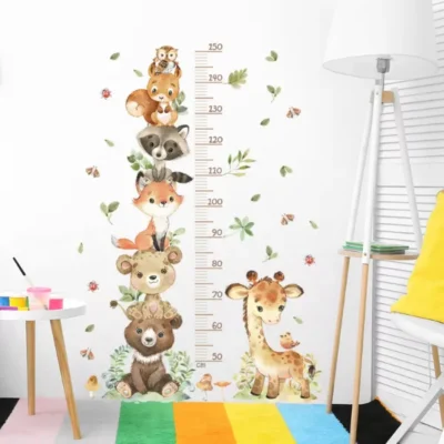 Wandsticker Lustige Tiere Höhenmesser Wand – Bär, Fuchs und Giraffe für Kinderzimmer Deko