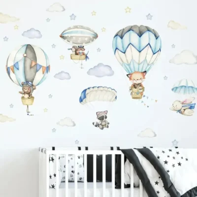 Wandsticker Tiere im Heißluftballon mit Sternen und Wolken – Niedliche Wanddekoration für Kinderzimmer