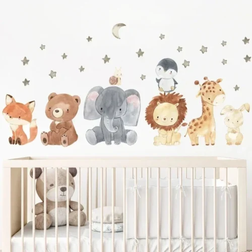 Wandsticker Löwe, Bär, Fuchs mit Sternen und Mond – Magische Wanddekoration für Kinderzimmer