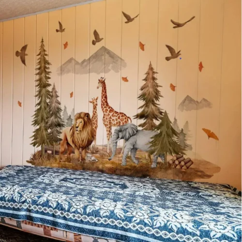Wandsticker Bäume, Löwe, Vögel und Berge – Natur Wanddekoration für Kinderzimmer