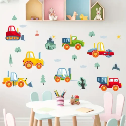 Wandsticker Baum, Kräne und Baustellenfahrzeuge – Kreative Wanddekoration für Kinderzimmer