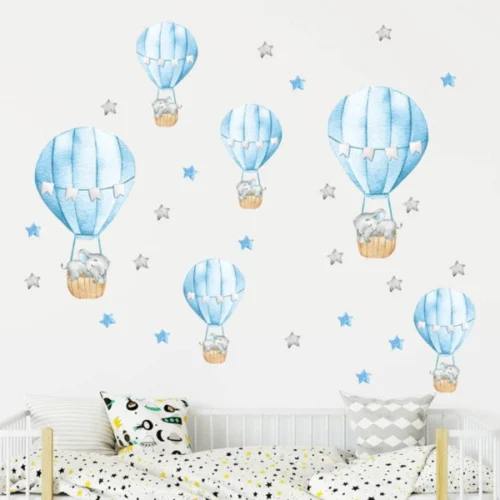 Wandsticker Blauer Baby Elefant mit Heißluftballon und Sternen – Niedliche Wanddekoration für Kinderzimmer