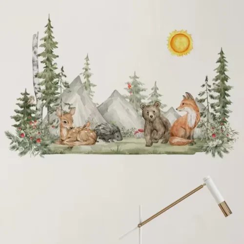 Wandsticker Sonne, Bäume, Bär, Fuchs und Berge – Naturinspirierte Wanddekoration für Kinderzimmer