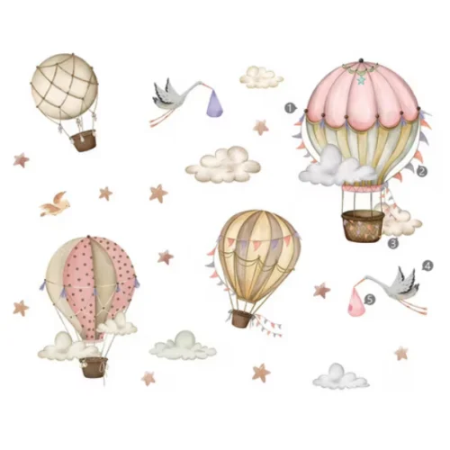 Wandsticker Heißluftballon mit Wolken, Vögeln und Sternen – Magische Wanddekoration für Kinderzimmer