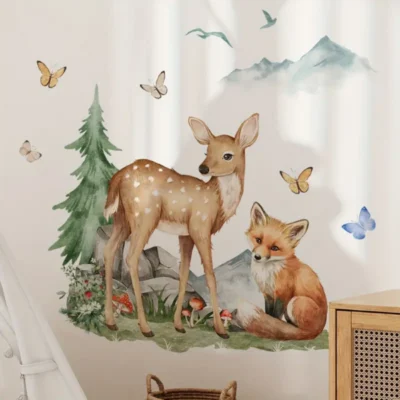 Wandsticker Füchse, Berge, Schmetterlinge, Bäume & Vögel – Natürliche Wanddekoration für Kinderzimmer