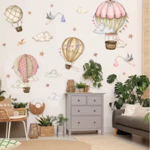 XL Wandsticker Heißluftballon mit Wolken, Vögeln und Sternen – Magische Wanddekoration für Kinderzimmer