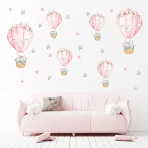 Wandsticker Pinkes schlafendes Baby-Elefant mit Heißluftballon und Sternen – Niedliche Deko für Kinderzimmer