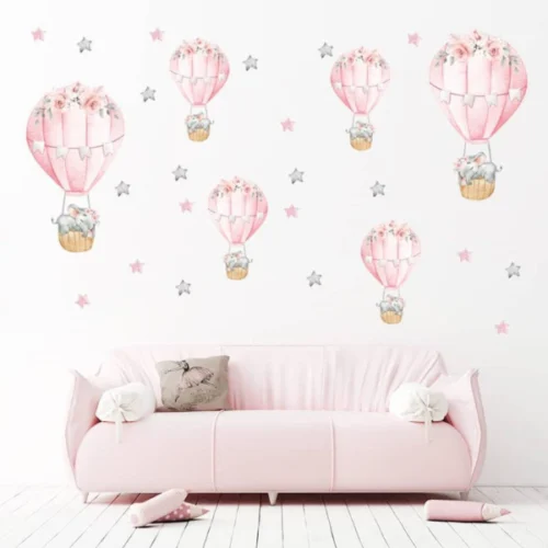 Wandsticker Pinkes schlafendes Baby-Elefant mit Heißluftballon und Sternen – Niedliche Deko für Kinderzimmer