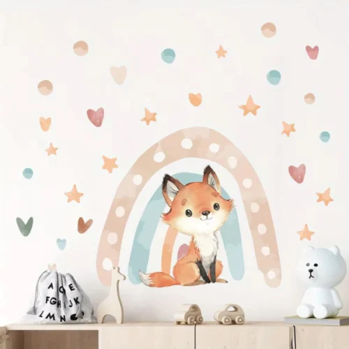 Wandsticker Fuchs mit Herzen, Sternen und Regenbogen – Niedliche Dekoration für Kinderzimmer