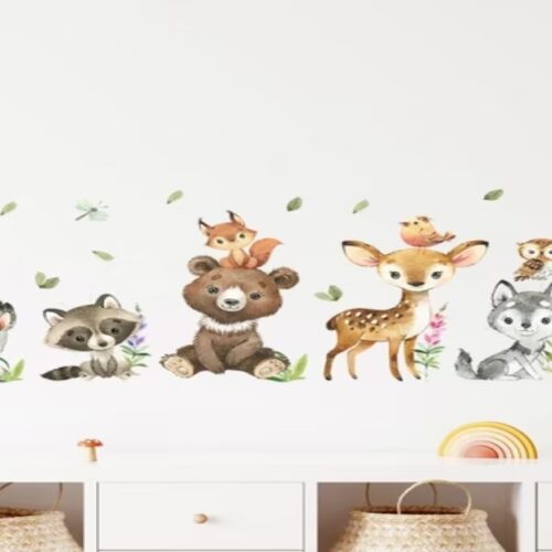 Wandsticker Bär, Hirsch, Blätter, Hase, Fuchs und andere Tiere – Natürliche Wanddekoration für Kinderzimmer