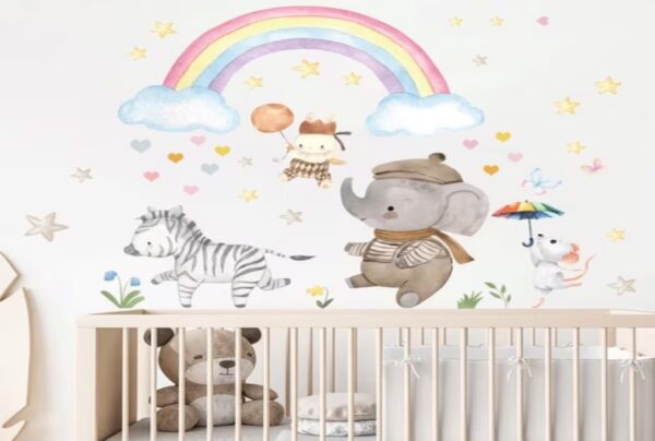 Wandsticker Cartoon Tier Fantasy Regenbogen mit Herzen, Sternen und Zebra – Bunte Wanddekoration für Kinderzimmer