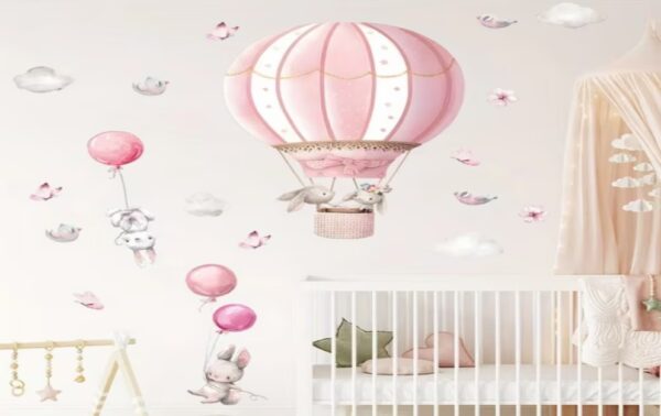 Wandsticker Süßes Kaninchen mit Rosa Ballon, Wolken und Vögeln – Niedliche Wanddekoration für Kinderzimmer