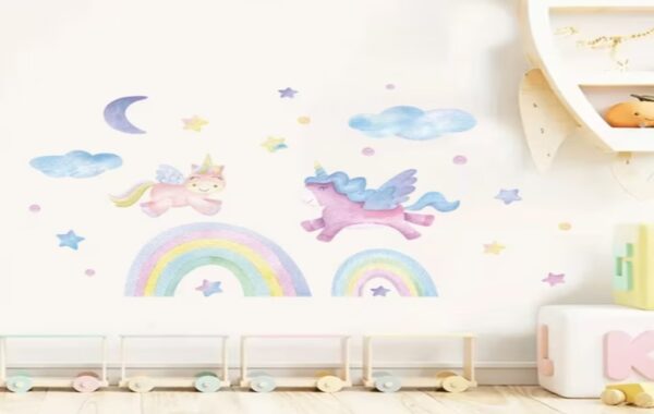 Wandsticker Cartoon Einhorn mit Regenbogen, Sternen und Mond – Magische Wanddekoration für Kinderzimmer - Image 5