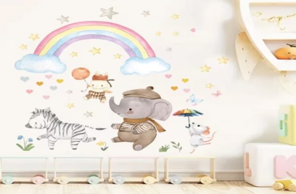 Wandsticker Cartoon Tier Fantasy Regenbogen mit Herzen, Sternen und Zebra – Bunte Wanddekoration für Kinderzimmer - Image 4