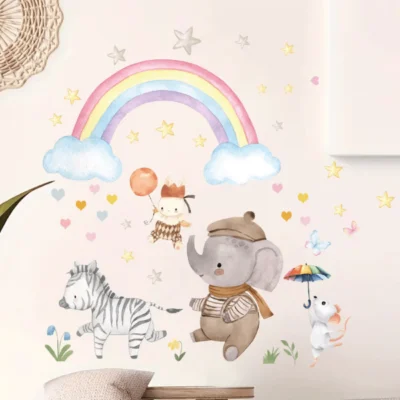 Wandsticker Cartoon Tier Fantasy Regenbogen mit Herzen, Sternen und Zebra – Bunte Wanddekoration für Kinderzimmer