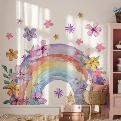 Handgemalte Regenbogen-Blumen Wandsticker – Selbstklebende Wandtattoos für Wohnzimmer, Schlafzimmer & Kinderzimmer.