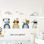 Cartoon-Baustellenfahrzeuge Wandtattoo – Aquarell Kinderzimmer Deko