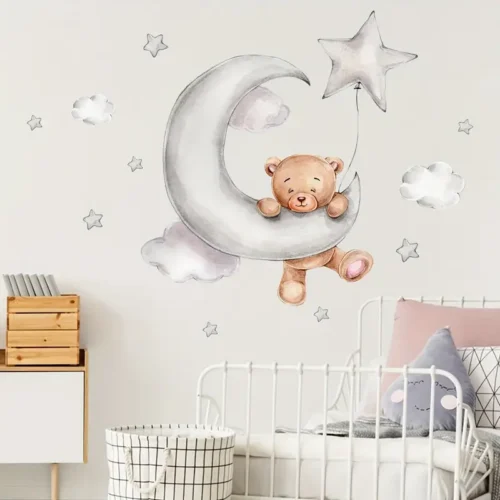 Adorable Bär & Wolken Cartoon Wandaufkleber – Einfaches Abziehen und Aufkleben für Schlafzimmer und Wohnraum Dekoration
