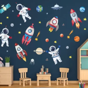 4 Bögen Wandtattoos & Wandaufkleber: Astronaut, Rakete, Planeten, Sonnensystem Wanddeko für Kinderzimmer, Schlafzimmer & Spielzimmer