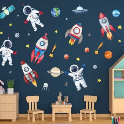 4 Bögen Wandtattoos & Wandaufkleber: Astronaut, Rakete, Planeten, Sonnensystem Wanddeko für Kinderzimmer, Schlafzimmer & Spielzimmer