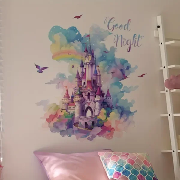 Märchenhaftes Traum Schloss Wandtattoo "Gute Nacht" – Wiederverwendbares selbstklebendes Wandbild, Buntes Aquarell Design mit Regenbogen & Sternen, Einfach anzubringen & zu entfernen, für Kinderzimmer, Schlafzimmerdeko, Mädchenzimmer, Wohnkultur - Image 3