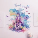 Märchenhaftes Traum Schloss Wandtattoo "Gute Nacht" – Wiederverwendbares selbstklebendes Wandbild, Buntes Aquarell Design mit Regenbogen & Sternen, Einfach anzubringen & zu entfernen, für Kinderzimmer, Schlafzimmerdeko, Mädchenzimmer, Wohnkultur