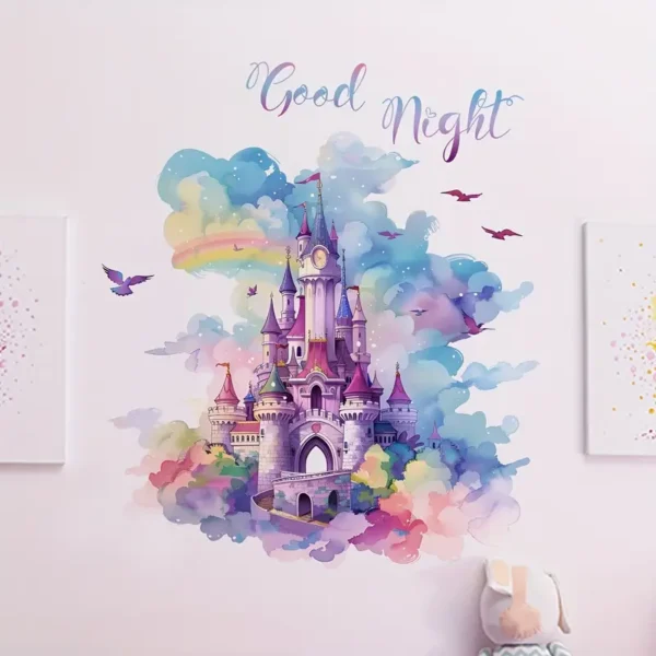 Märchenhaftes Traum Schloss Wandtattoo "Gute Nacht" – Wiederverwendbares selbstklebendes Wandbild, Buntes Aquarell Design mit Regenbogen & Sternen, Einfach anzubringen & zu entfernen, für Kinderzimmer, Schlafzimmerdeko, Mädchenzimmer, Wohnkultur - Image 4