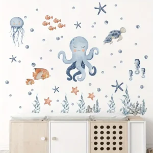 1 Stück Oktopus Wandtattoo Niedliches blaues Cartoon‑Meerestier‑Motiv | Selbstklebend, ablösbar, wasserfestes Vinyl – Dekorative Wandsticker für Zuhause: Eingangsbereich, Flur, Wohnzimmer, Schlafzimmer, Bad, Büro