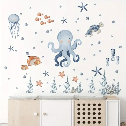 1 Stück Oktopus Wandtattoo Niedliches blaues Cartoon‑Meerestier‑Motiv | Selbstklebend, ablösbar, wasserfestes Vinyl – Dekorative Wandsticker für Zuhause: Eingangsbereich, Flur, Wohnzimmer, Schlafzimmer, Bad, Büro