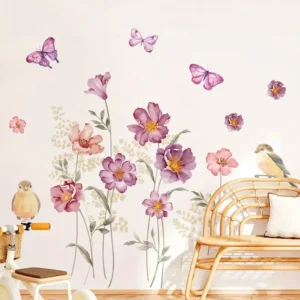 Moderne Blumen Wandaufkleber mit Schmetterling- und Vogel-Muster - Selbstklebende Dekor für Schlafzimmer, Wohnzimmer und Flur