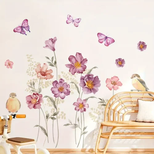 Moderne Blumen Wandaufkleber mit Schmetterling- und Vogel-Muster – Selbstklebende Dekor für Schlafzimmer, Wohnzimmer und Flur