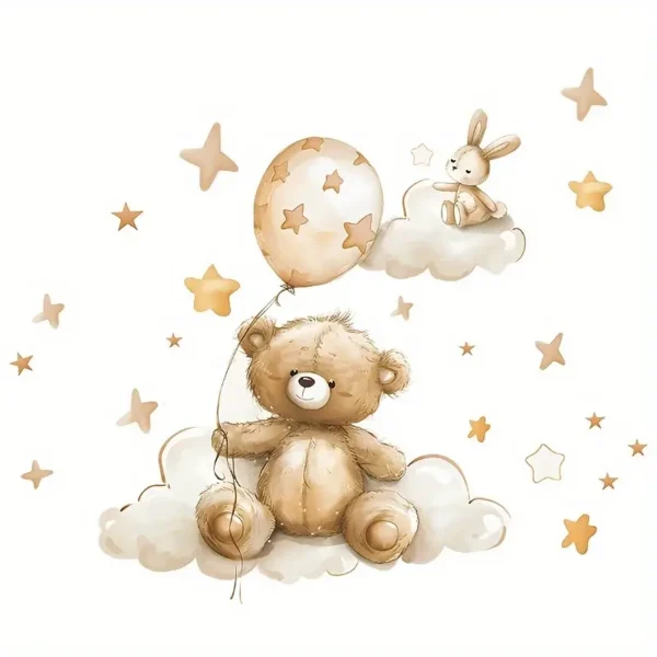 Adorable Teddy Bär, Ballon & Hase Wandaufkleber - Selbstklebender Sticker mit Wolken und Sternen für Kinderzimmer, Wohnzimmer oder Arbeitszimmer Dekoration - Image 4