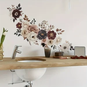 Elegantes Blumen Wandtattoo – Vinyl Wandsticker in Weiß, Beige, Rot & Schwarz für Wohnzimmer, Schlafzimmer & Flur, Selbstklebend mit Glänzender Oberfläche