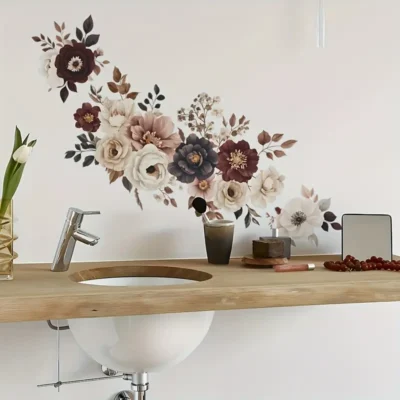 Elegantes Blumen Wandtattoo – Vinyl Wandsticker in Weiß, Beige, Rot & Schwarz für Wohnzimmer, Schlafzimmer & Flur, Selbstklebend mit Glänzender Oberfläche