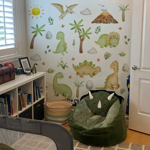 Festive Dino Delight Wandaufkleber: 2 Blätter mit niedlichen Dinosauriern, Palmen und Vulkanen für Ihre Heimdekoration – Einfaches Abziehen und Anbringen Design