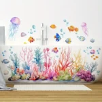 Selbstklebende Badewannen-Applikationen – Unterwasserwelt Design mit Korallen, Quallen und Muscheln, Lebendige Plastik Wand- und Badewannenaufkleber für moderne Badezimmerdekoration