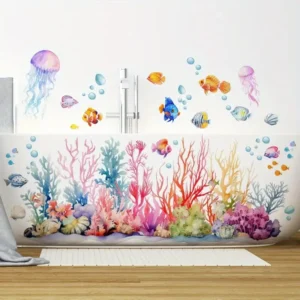 Selbstklebende Badewannen-Applikationen – Unterwasserwelt Design mit Korallen, Quallen und Muscheln, Lebendige Plastik Wand- und Badewannenaufkleber für moderne Badezimmerdekoration