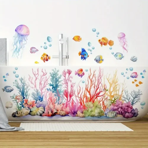Selbstklebende Badewannen-Applikationen – Unterwasserwelt Design mit Korallen, Quallen und Muscheln, Lebendige Plastik Wand- und Badewannenaufkleber für moderne Badezimmerdekoration